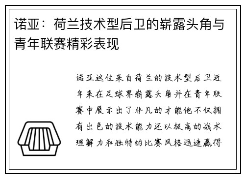 诺亚：荷兰技术型后卫的崭露头角与青年联赛精彩表现