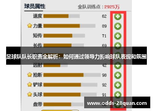 足球队队长职责全解析：如何通过领导力影响球队表现和氛围